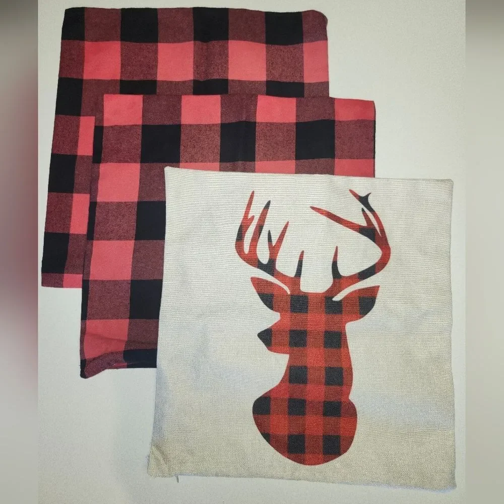Set Of 3 Red & Black Buffalo Check Pillow Covers, 2 Plain & 1 Reindeer Design